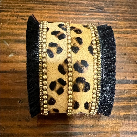 Free People Leopard Print Bracelet Cuff with Black Fringe and Gold Beads - Picture 1 of 6